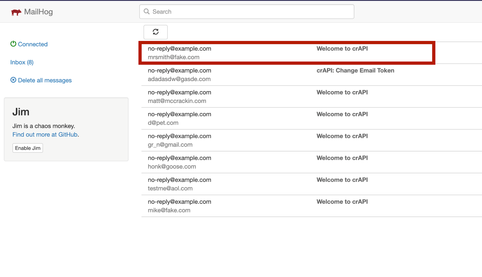 Screenshot of searching for email in mailhog